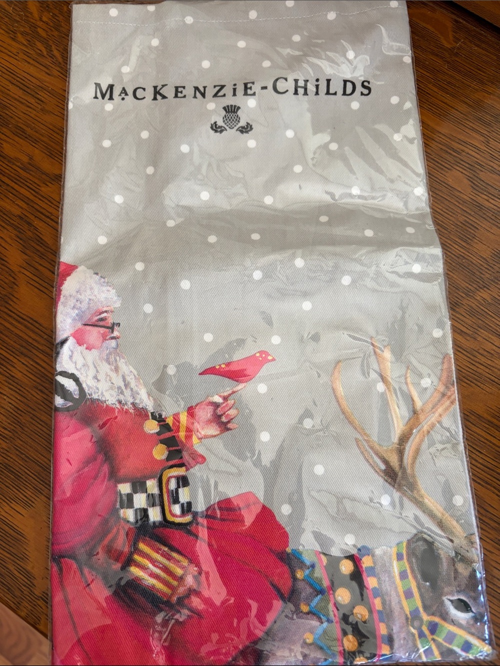 MacKenzie-Childs Gray & Red Santa and Reindeer Tea Towel